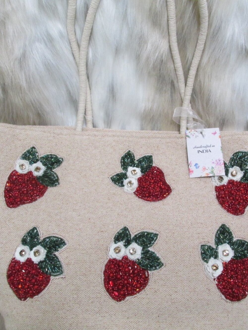 P3268-NWT Viral India Woven Cotton Bright Beaded Strawberries Shoulder bag